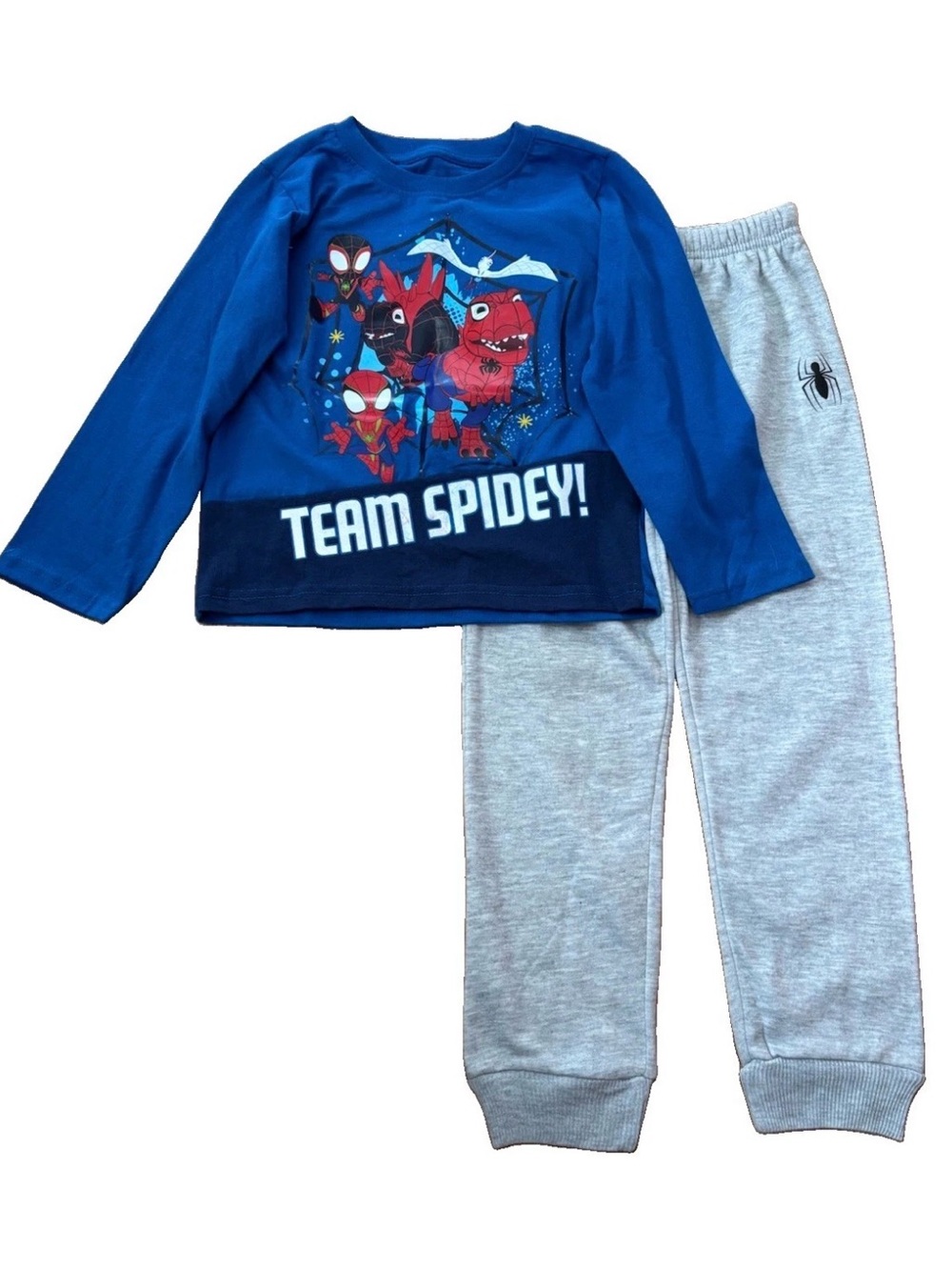 Marvel Kids "Team Spidey" Blue Top with Light Gray Jogger Pants Set - Size 6